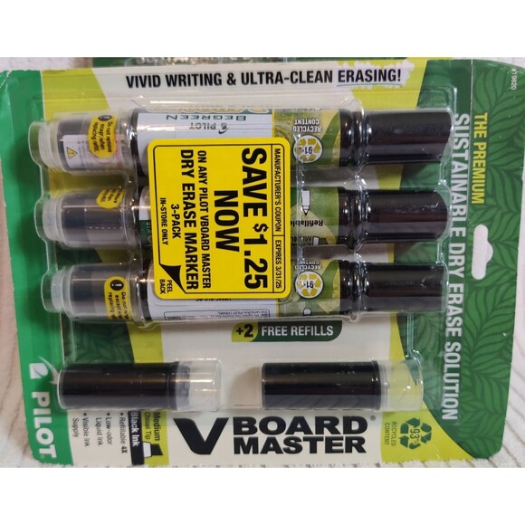 Pilot V Board Master Premium Dry Erase Markers Black 3 Pack, 2 Free Refills NEW - Picture 4 of 4